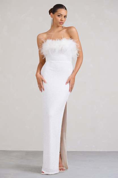 Old Money White Bodycon Sequin Maxi Dress With Feather Trim-Babyboo Dress Store. All Rights Reserved.