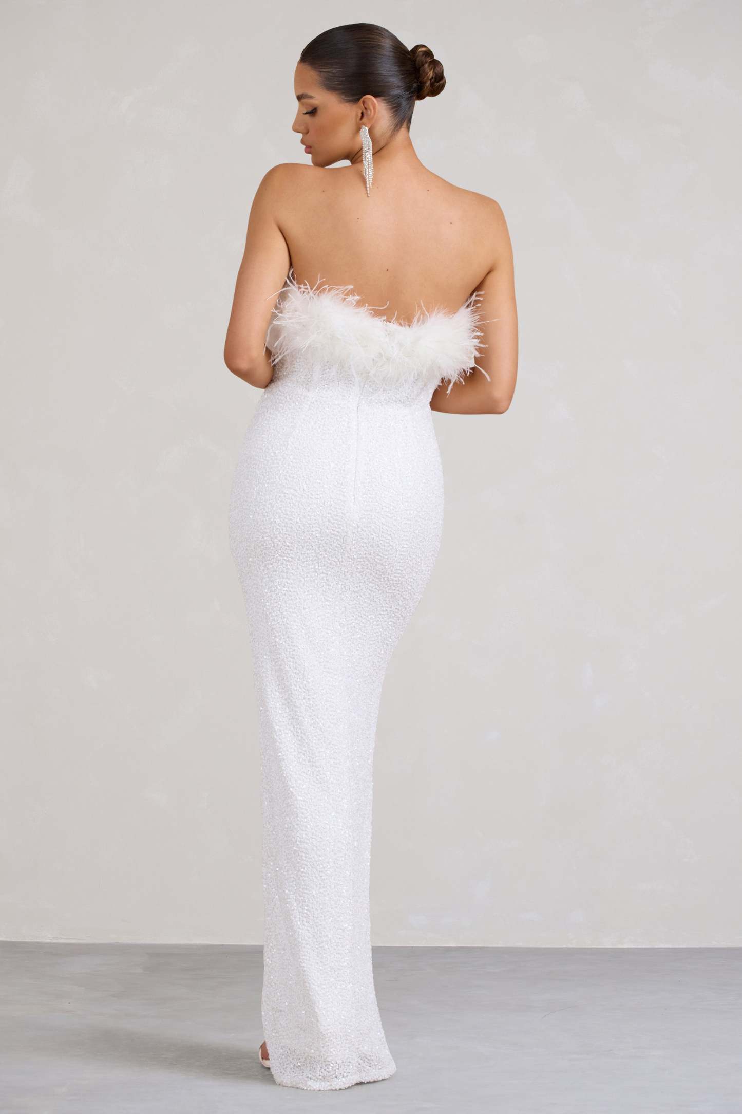 Old Money White Bodycon Sequin Maxi Dress With Feather Trim-Babyboo Dress Store. All Rights Reserved.