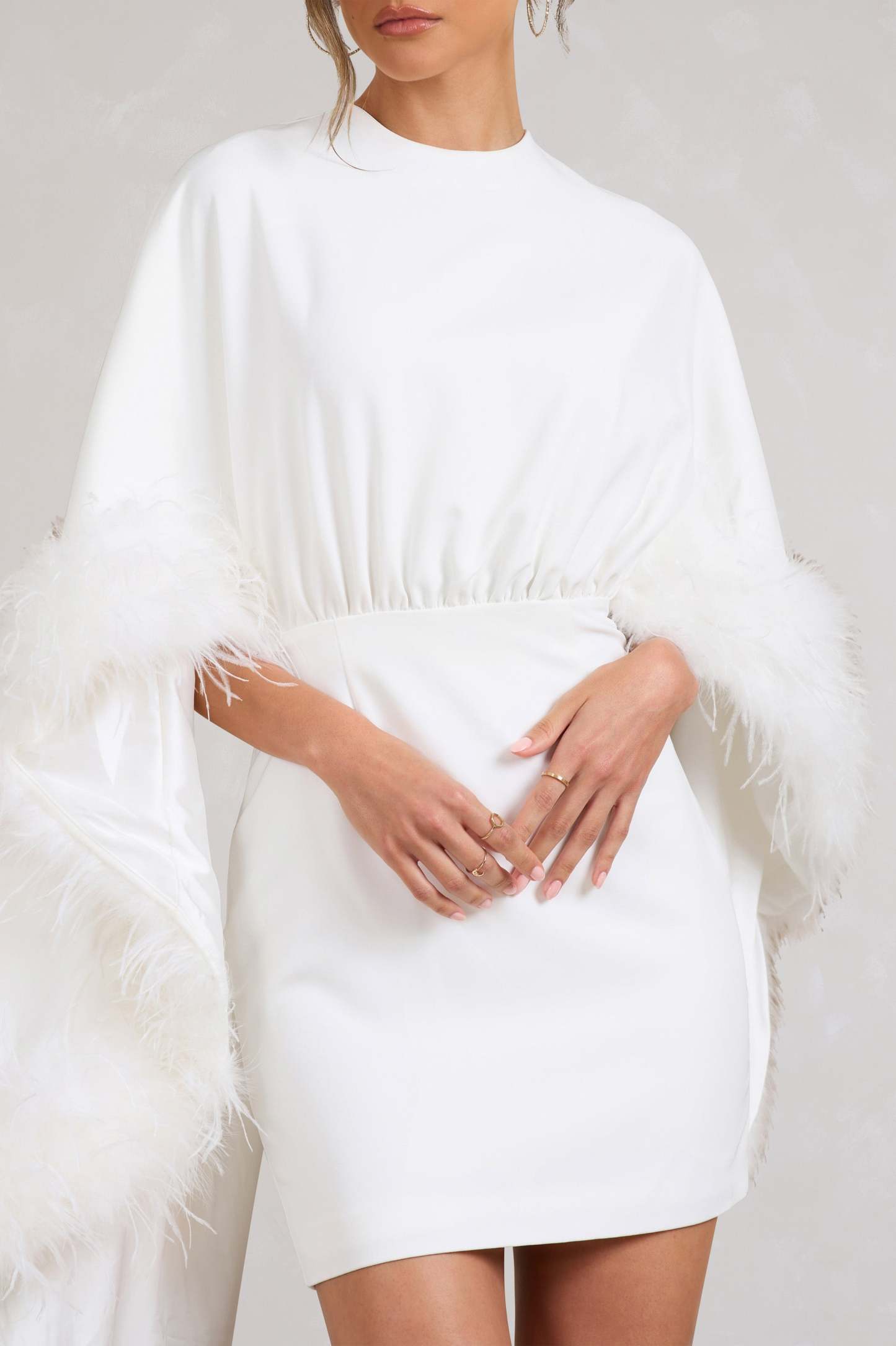 Of The Manor White Gathered Mini Dress With Feather Cape-Babyboo Dress Store. All Rights Reserved.