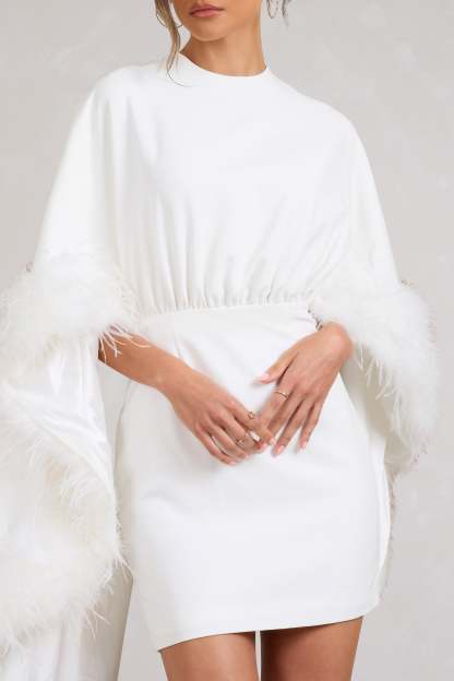 Of The Manor White Gathered Mini Dress With Feather Cape-Babyboo Dress Store. All Rights Reserved.