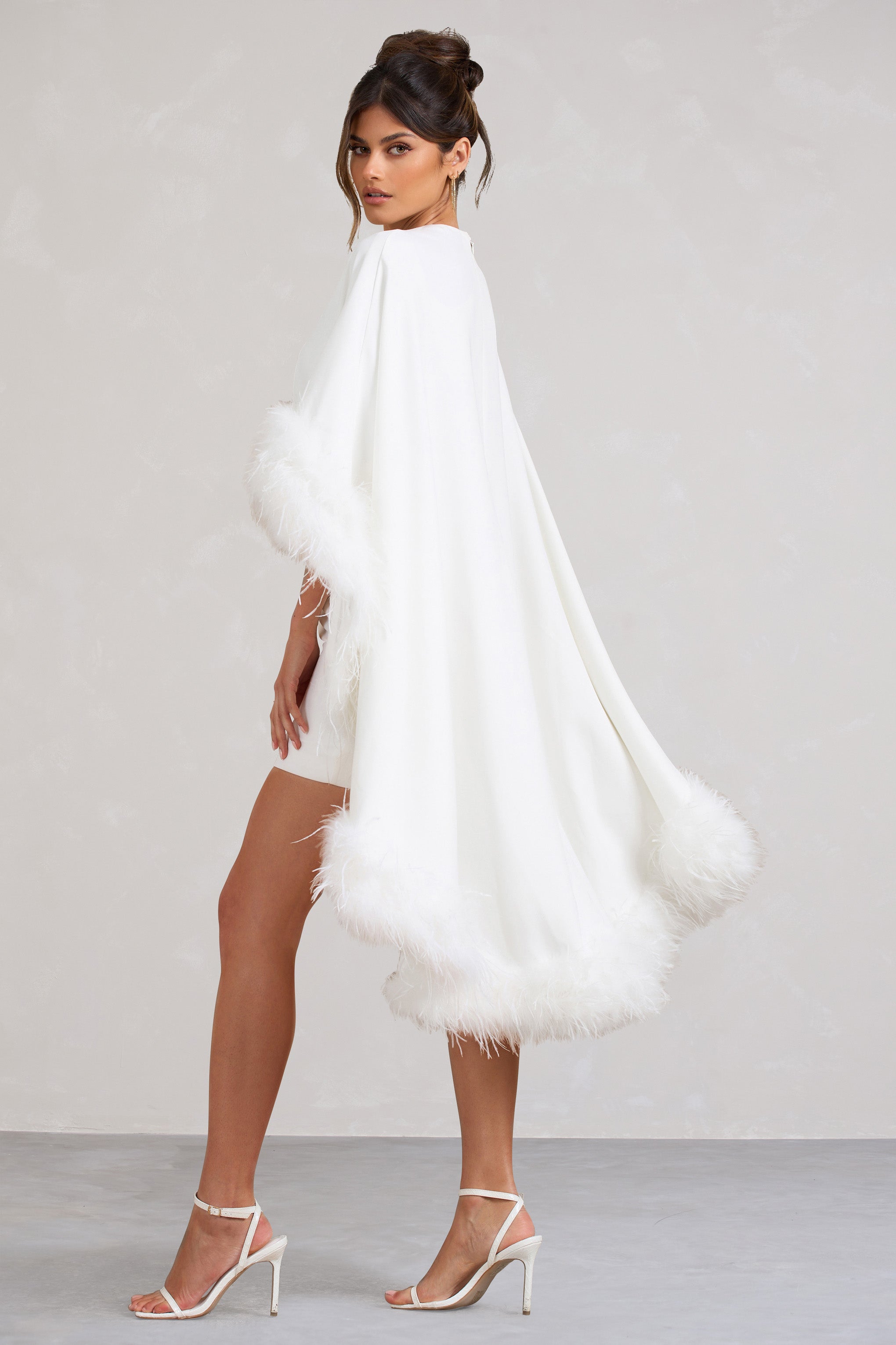 Of The Manor White Gathered Mini Dress With Feather Cape-Babyboo Dress Store. All Rights Reserved.