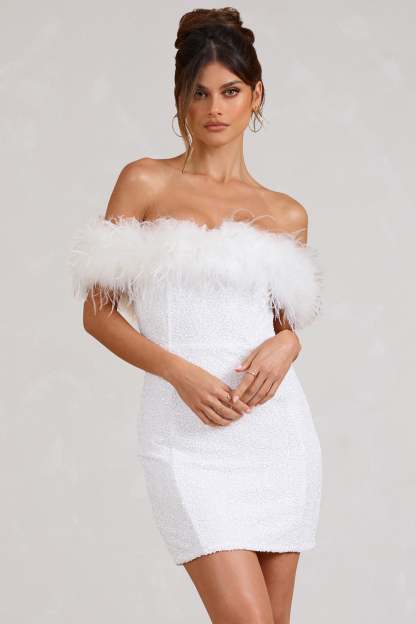 New Money White Bodycon Sequin Mini Dress With Feather Trim-Babyboo Dress Store. All Rights Reserved.