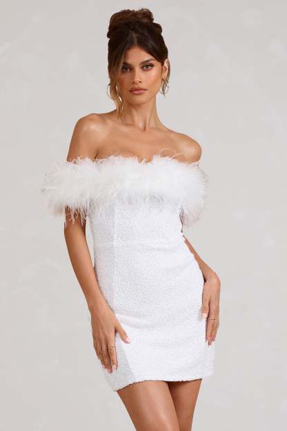 New Money White Bodycon Sequin Mini Dress With Feather Trim-Babyboo Dress Store. All Rights Reserved.