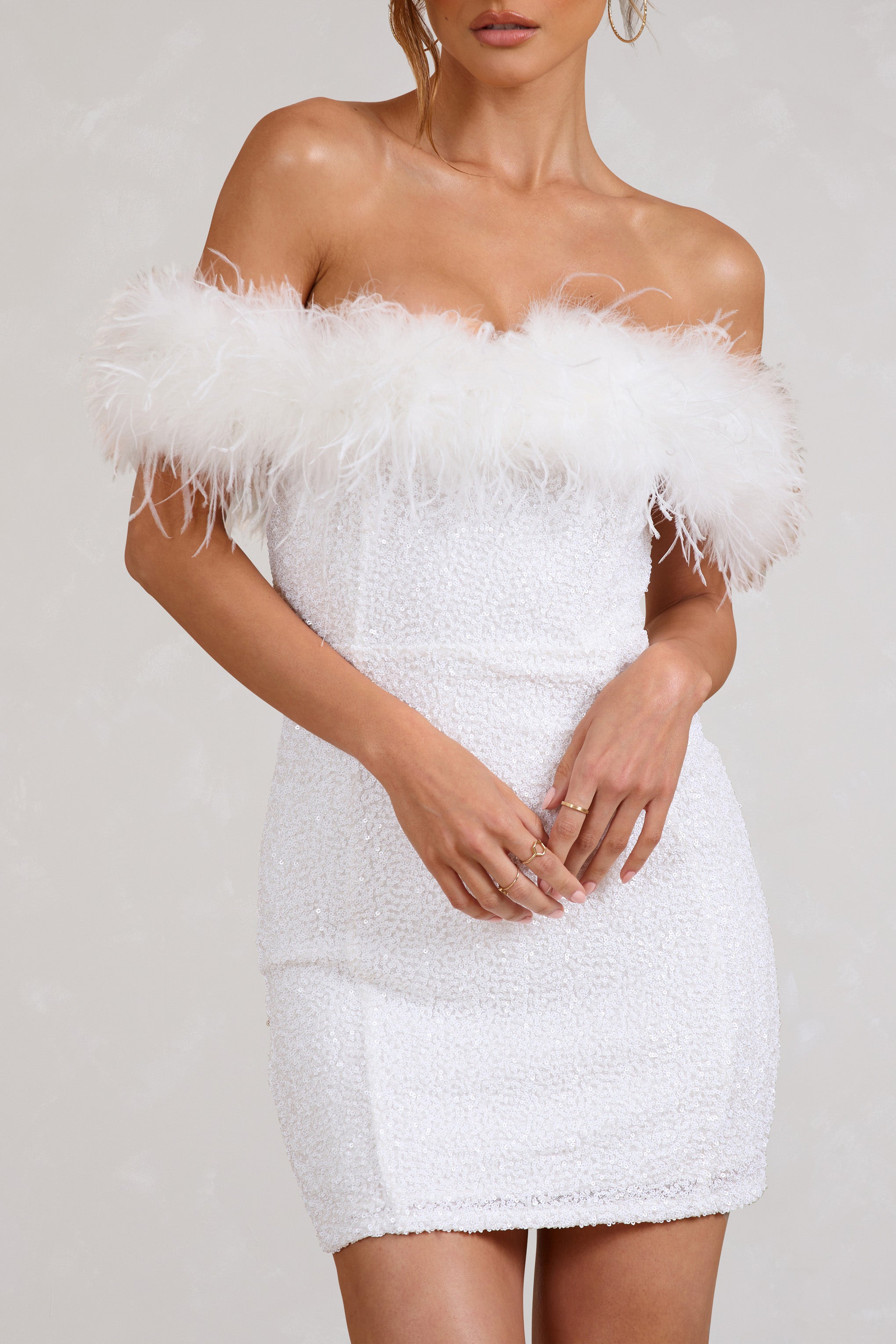 New Money White Bodycon Sequin Mini Dress With Feather Trim-Babyboo Dress Store. All Rights Reserved.