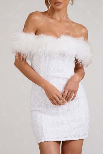 New Money White Bodycon Sequin Mini Dress With Feather Trim-Babyboo Dress Store. All Rights Reserved.