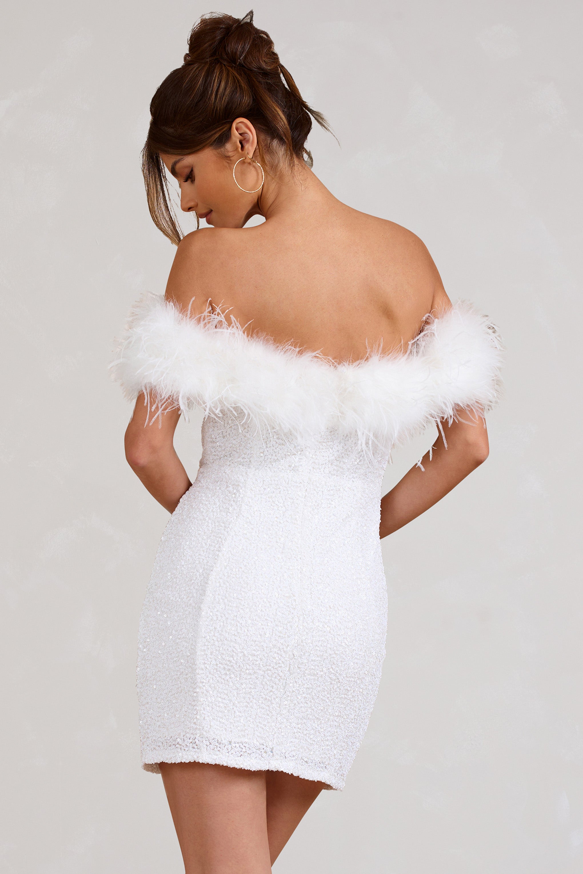 New Money White Bodycon Sequin Mini Dress With Feather Trim-Babyboo Dress Store. All Rights Reserved.