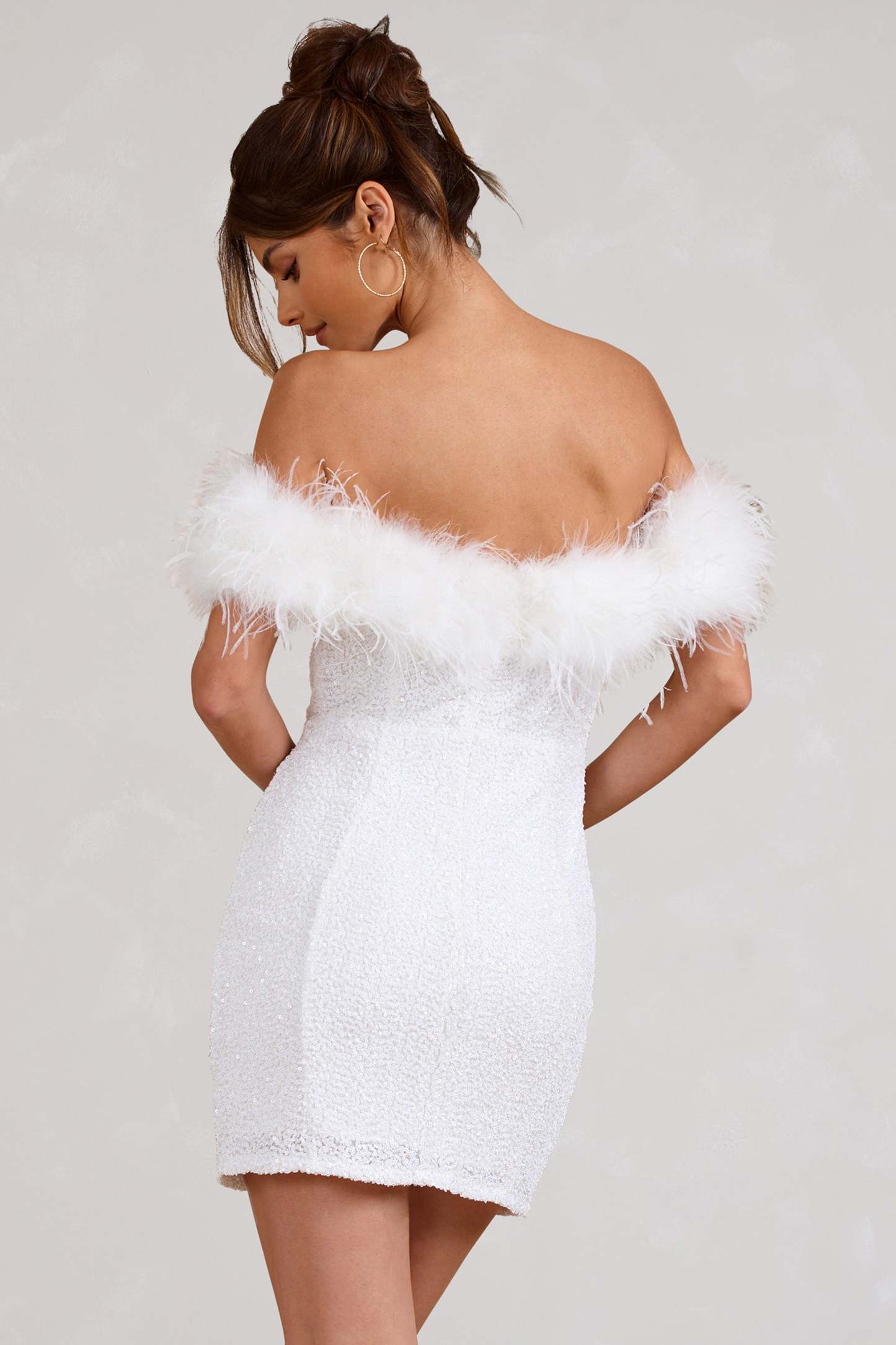New Money White Bodycon Sequin Mini Dress With Feather Trim-Babyboo Dress Store. All Rights Reserved.
