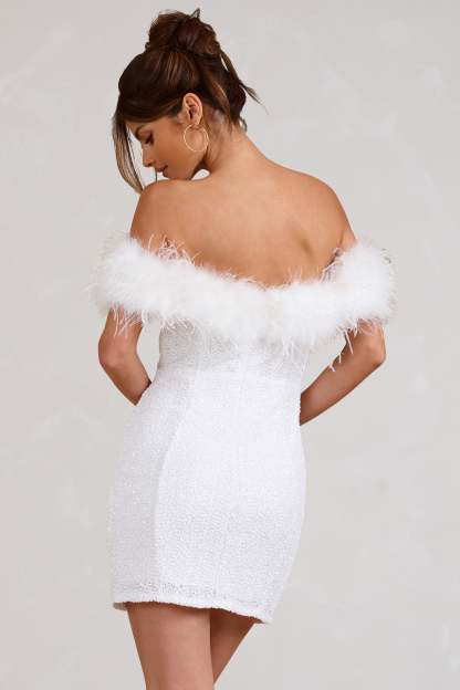 New Money White Bodycon Sequin Mini Dress With Feather Trim-Babyboo Dress Store. All Rights Reserved.