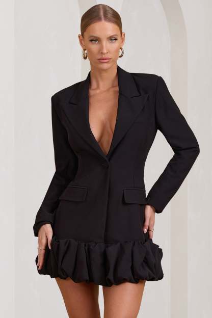 Cloud Catching Black Tailored Blazer Mini Dress With Ruffled Hem-Babyboo Dress Store. All Rights Reserved.
