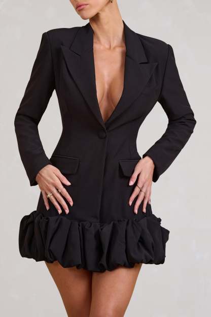 Cloud Catching Black Tailored Blazer Mini Dress With Ruffled Hem-Babyboo Dress Store. All Rights Reserved.