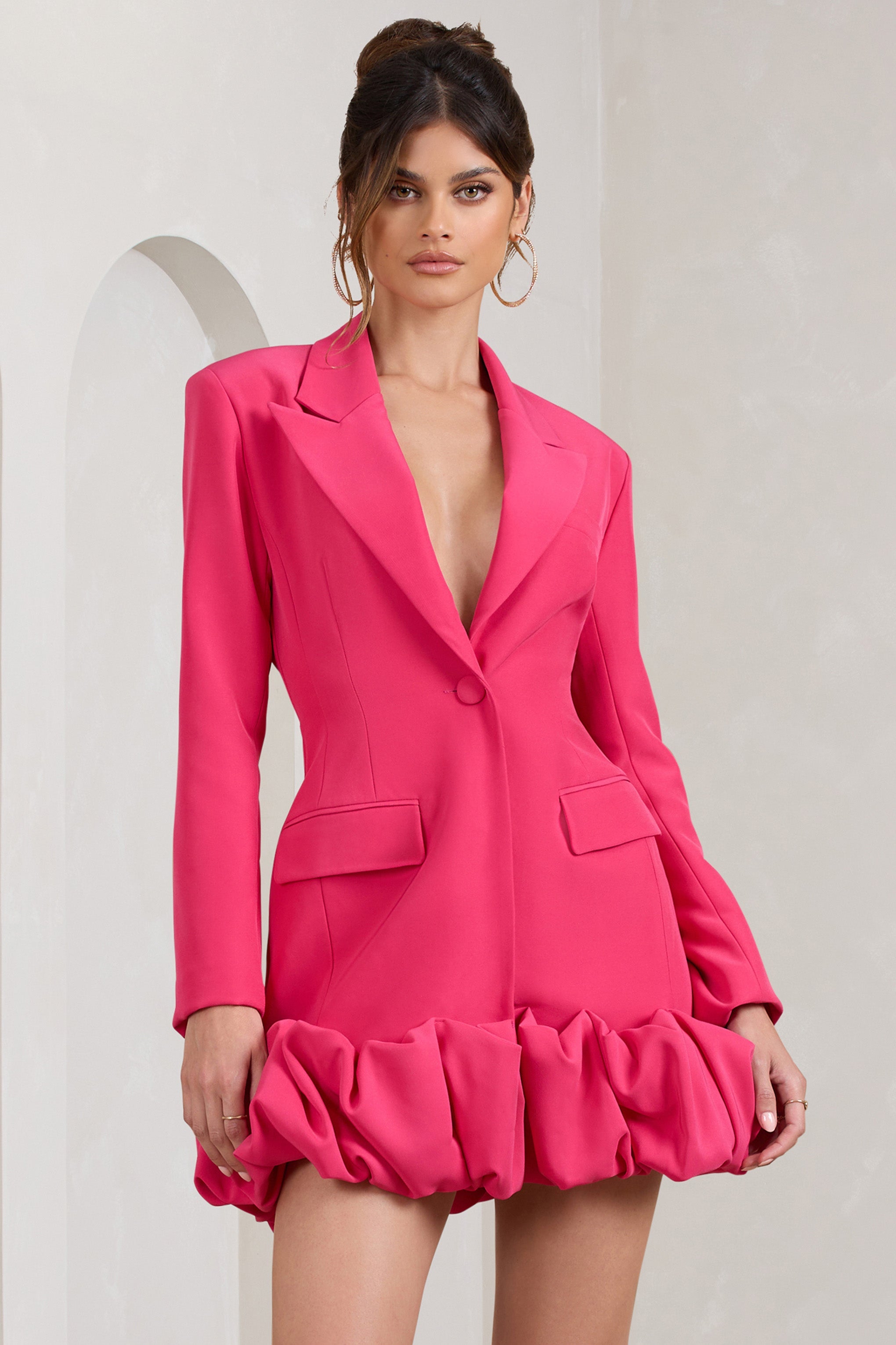 Cloud Catching Hot Pink Tailored Blazer Mini Dress With Ruffled Hem-Babyboo Dress Store. All Rights Reserved.