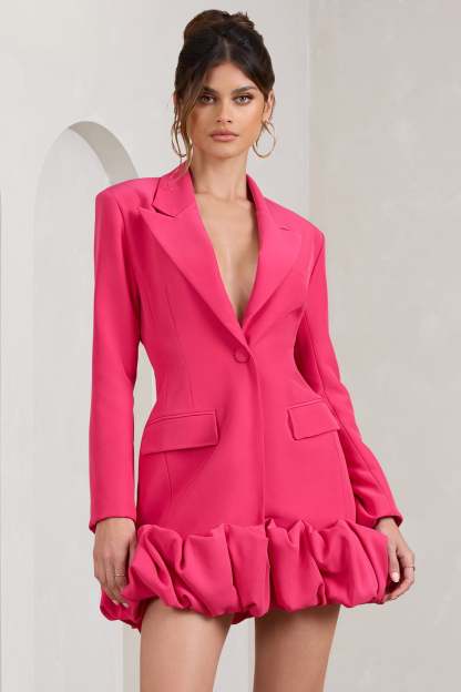 Cloud Catching Hot Pink Tailored Blazer Mini Dress With Ruffled Hem-Babyboo Dress Store. All Rights Reserved.