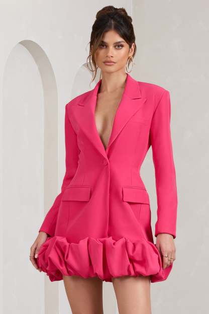 Cloud Catching Hot Pink Tailored Blazer Mini Dress With Ruffled Hem-Babyboo Dress Store. All Rights Reserved.