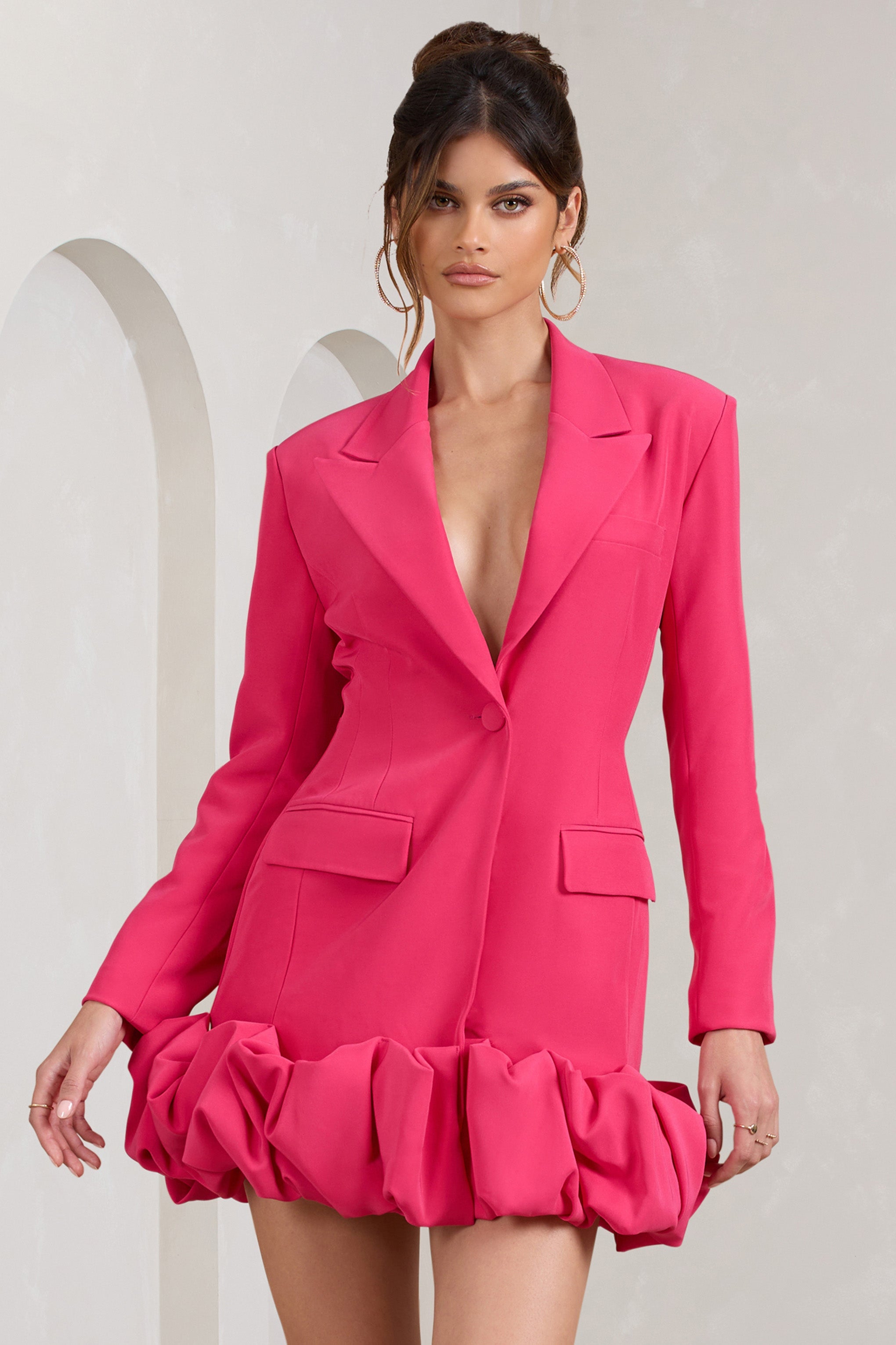 Cloud Catching Hot Pink Tailored Blazer Mini Dress With Ruffled Hem-Babyboo Dress Store. All Rights Reserved.