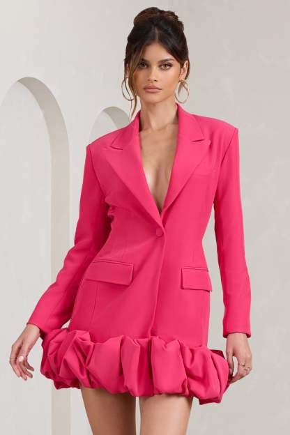 Cloud Catching Hot Pink Tailored Blazer Mini Dress With Ruffled Hem-Babyboo Dress Store. All Rights Reserved.