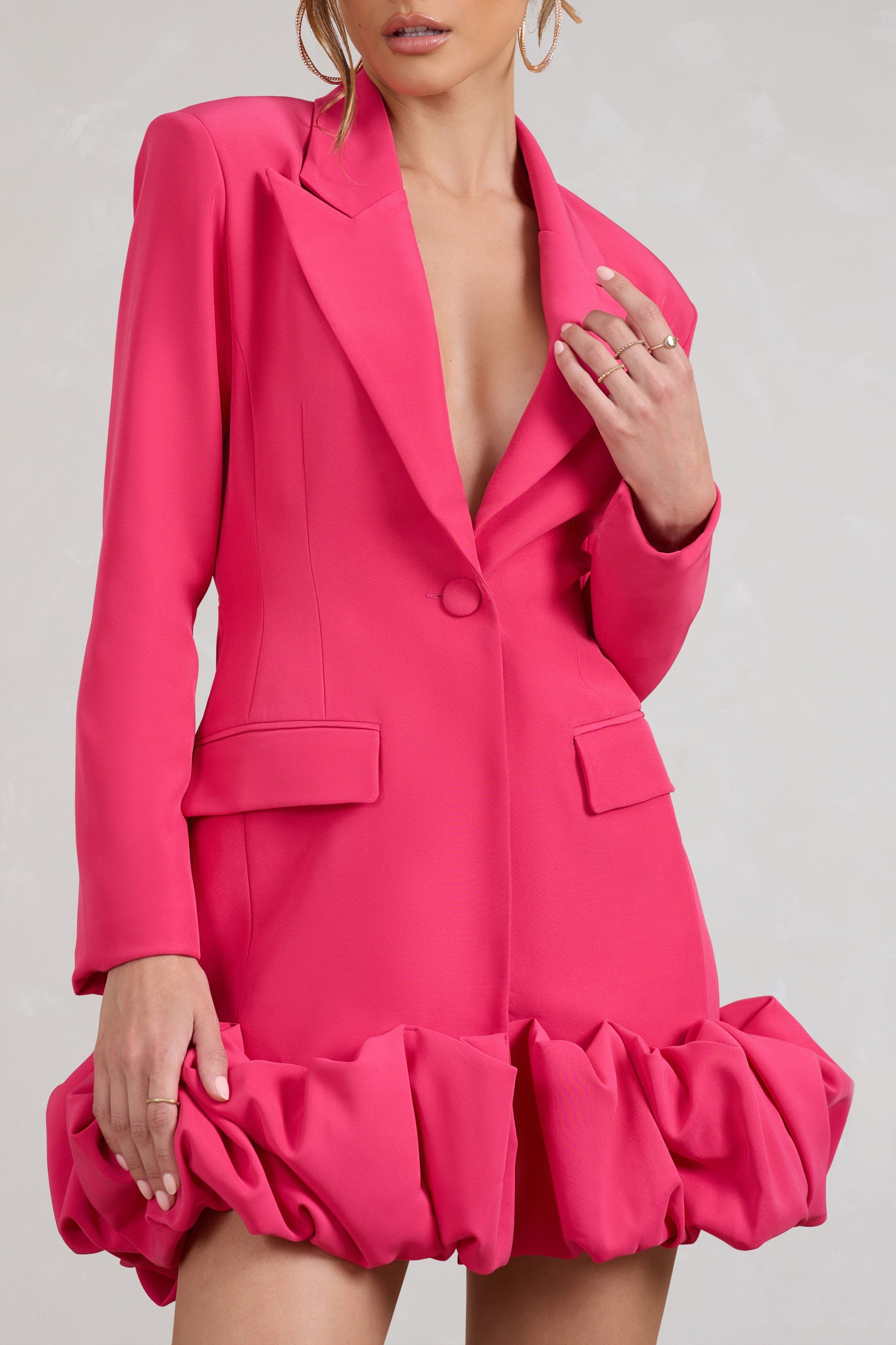 Cloud Catching Hot Pink Tailored Blazer Mini Dress With Ruffled Hem-Babyboo Dress Store. All Rights Reserved.