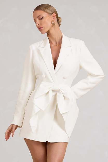 Prized White Tailored Blazer Mini Dress With Bow