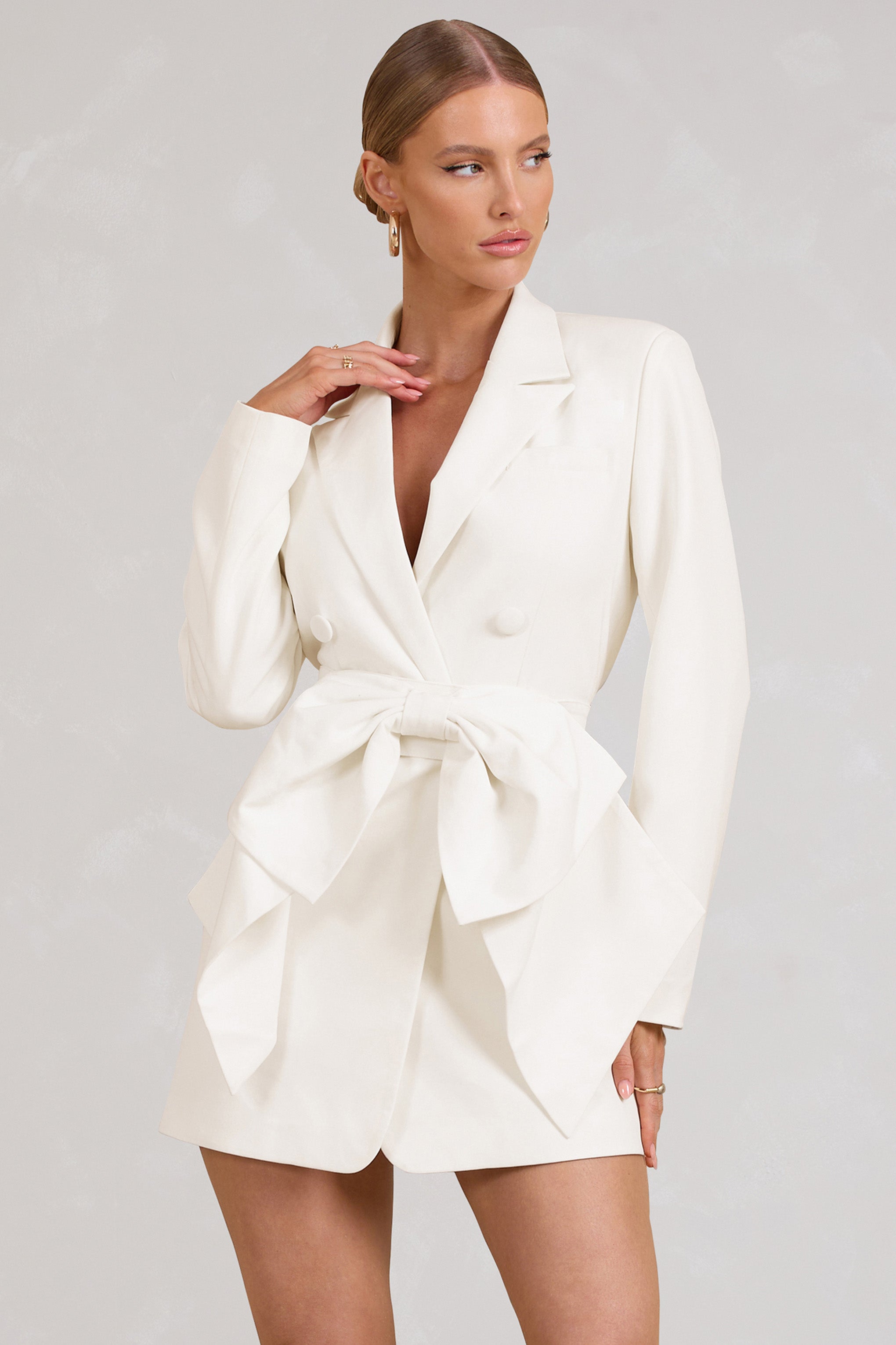 Prized White Tailored Blazer Mini Dress With Bow