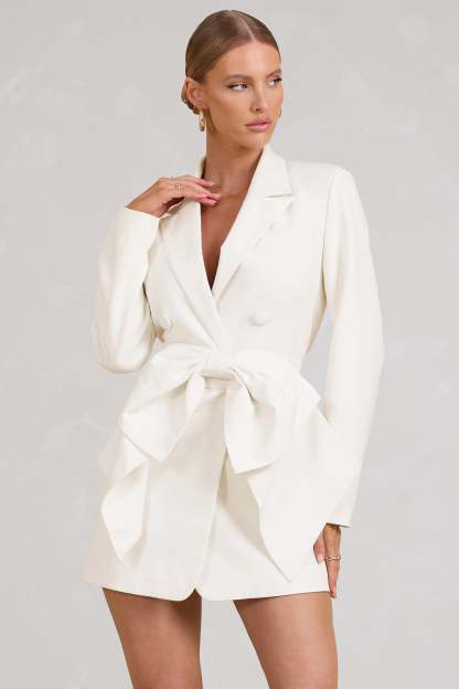 Prized White Tailored Blazer Mini Dress With Bow