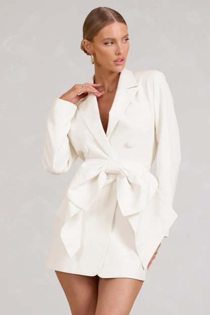 Prized White Tailored Blazer Mini Dress With Bow