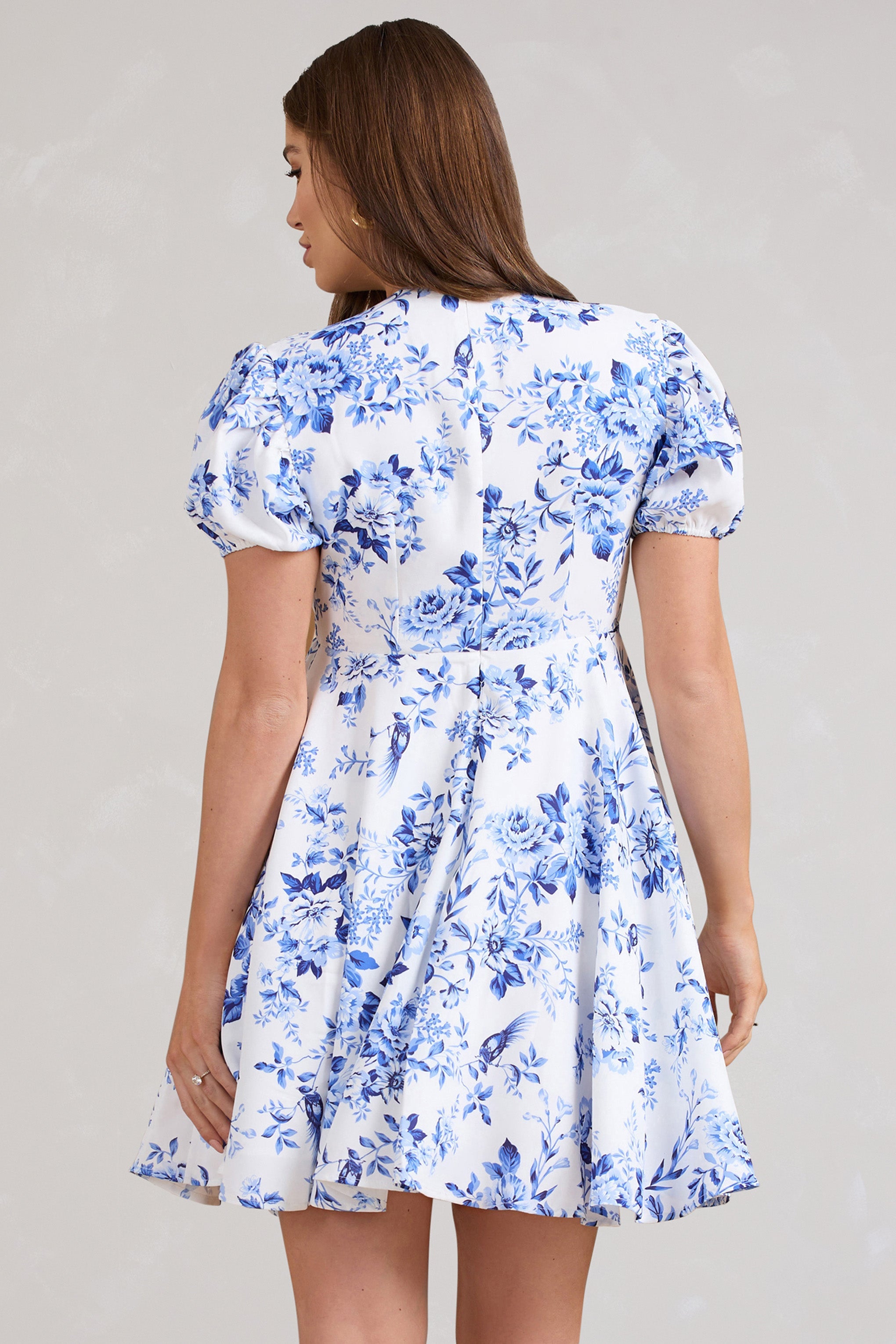By The Cypress Blue Floral Maternity V-Neck Puff-Sleeved Buttoned Mini Dress-Babyboo Dress Store. All Rights Reserved.