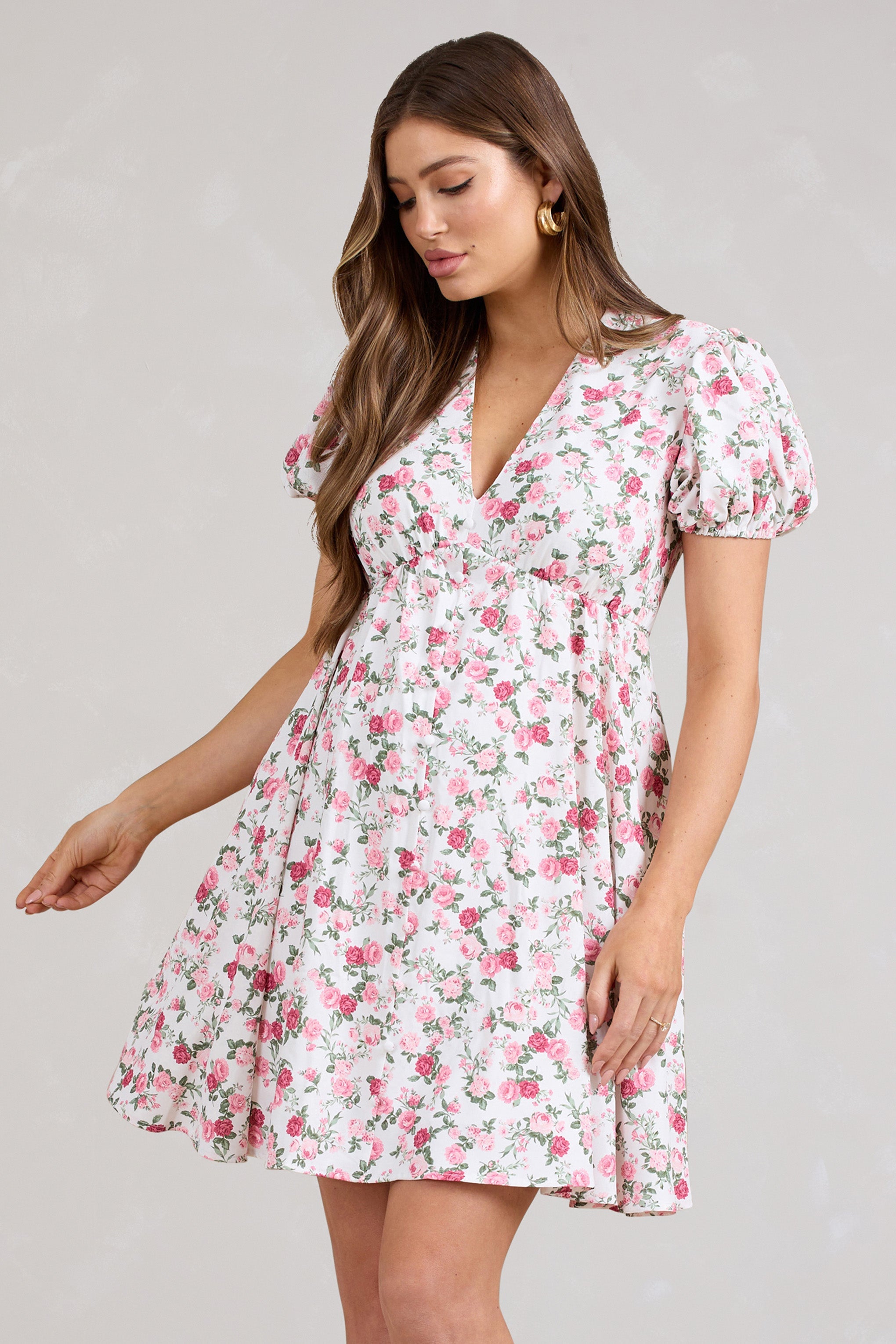 By The Cypress Pink Floral Maternity V-Neck Puff-Sleeved Buttoned Mini Dress-Babyboo Dress Store. All Rights Reserved.