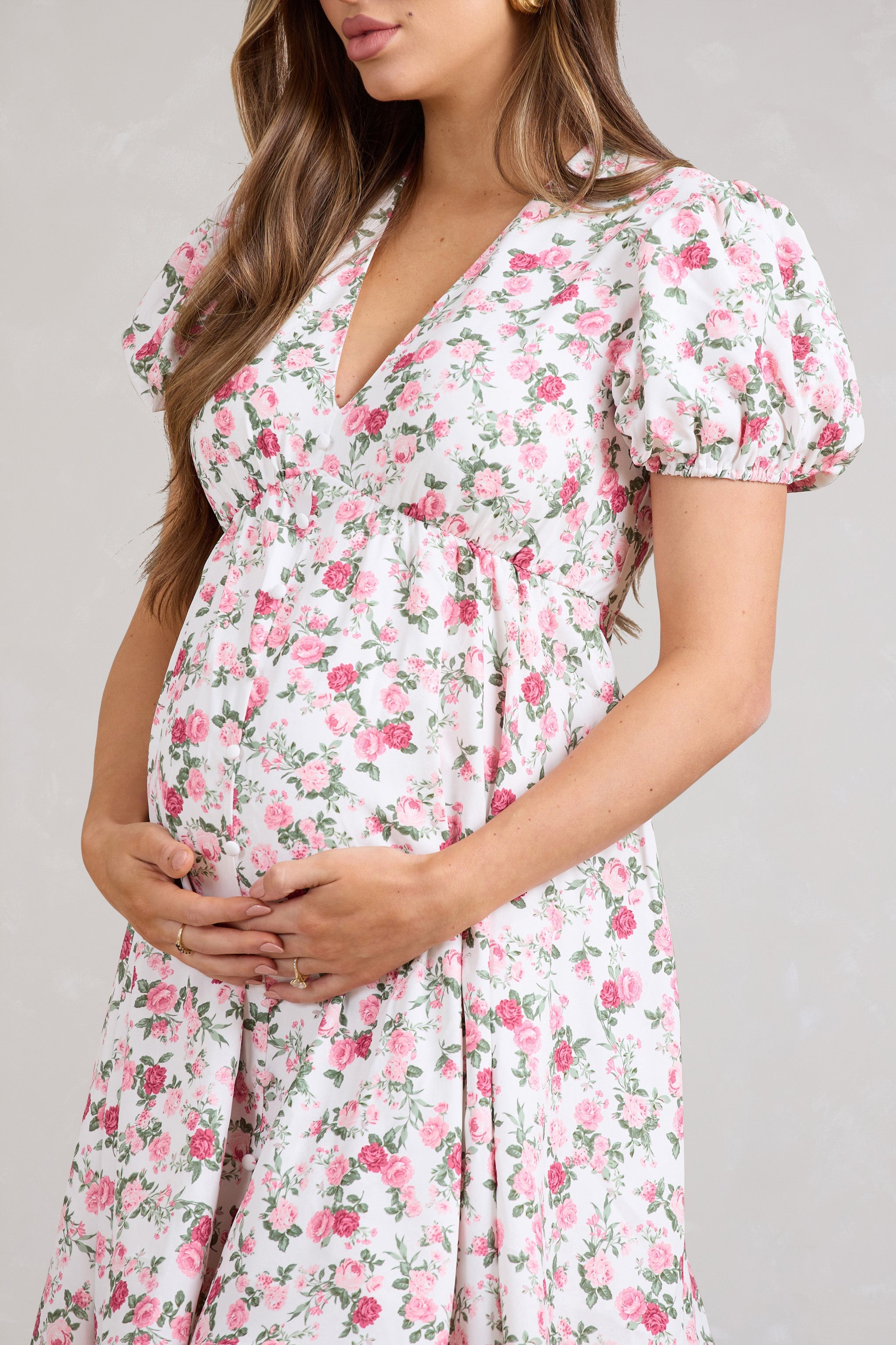 By The Cypress Pink Floral Maternity V-Neck Puff-Sleeved Buttoned Mini Dress-Babyboo Dress Store. All Rights Reserved.
