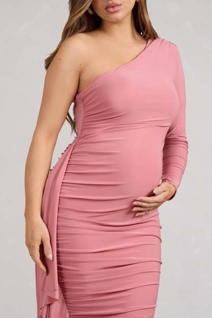 Never Let Go Rose Pink Maternity One Shoulder Ruched Side Detail Maxi Dress-Babyboo Dress Store. All Rights Reserved.