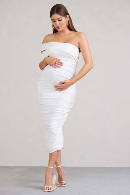 Cici White Asymmetric Ruched Maternity Midi Dress-Babyboo Dress Store. All Rights Reserved.