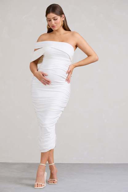 Cici White Asymmetric Ruched Maternity Midi Dress-Babyboo Dress Store. All Rights Reserved.