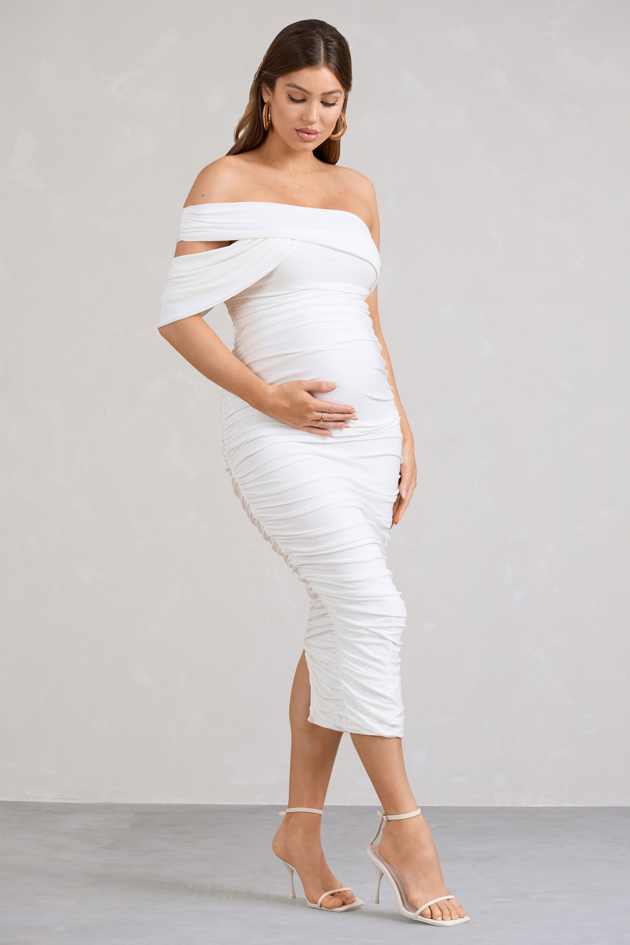 Cici White Asymmetric Ruched Maternity Midi Dress-Babyboo Dress Store. All Rights Reserved.