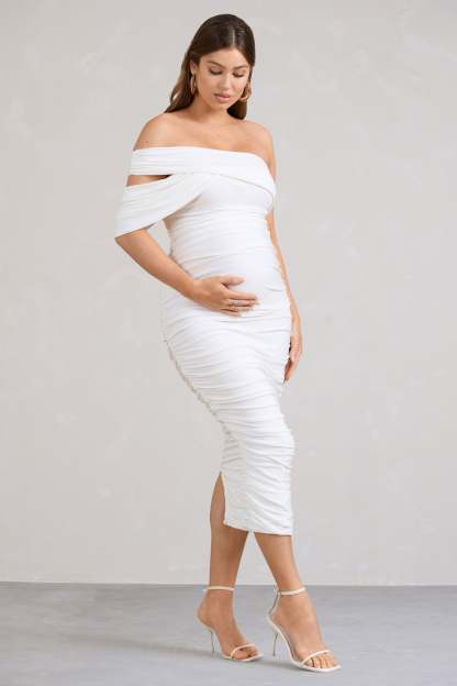 Cici White Asymmetric Ruched Maternity Midi Dress-Babyboo Dress Store. All Rights Reserved.
