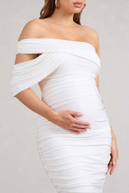 Cici White Asymmetric Ruched Maternity Midi Dress-Babyboo Dress Store. All Rights Reserved.