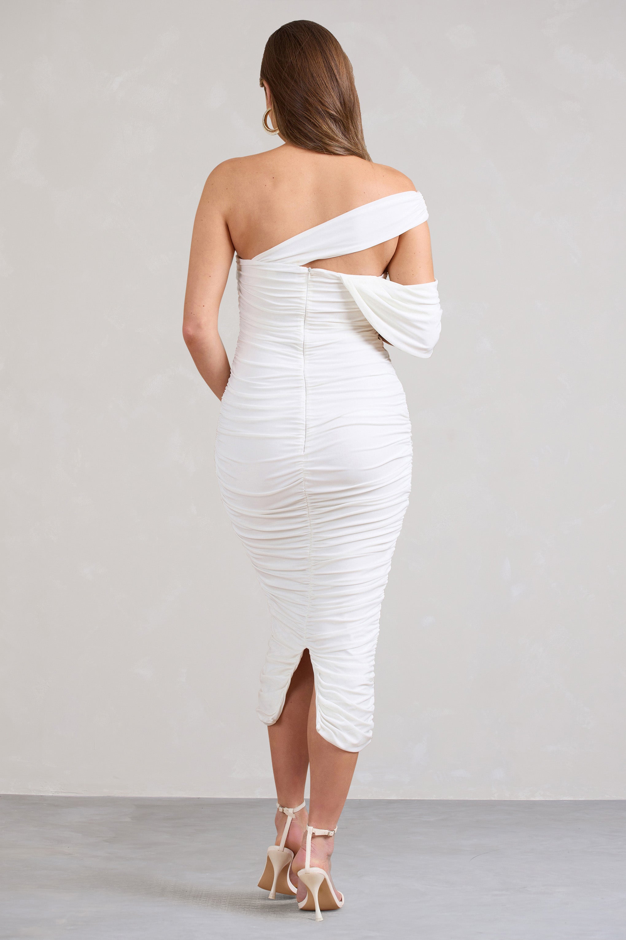 Cici White Asymmetric Ruched Maternity Midi Dress-Babyboo Dress Store. All Rights Reserved.