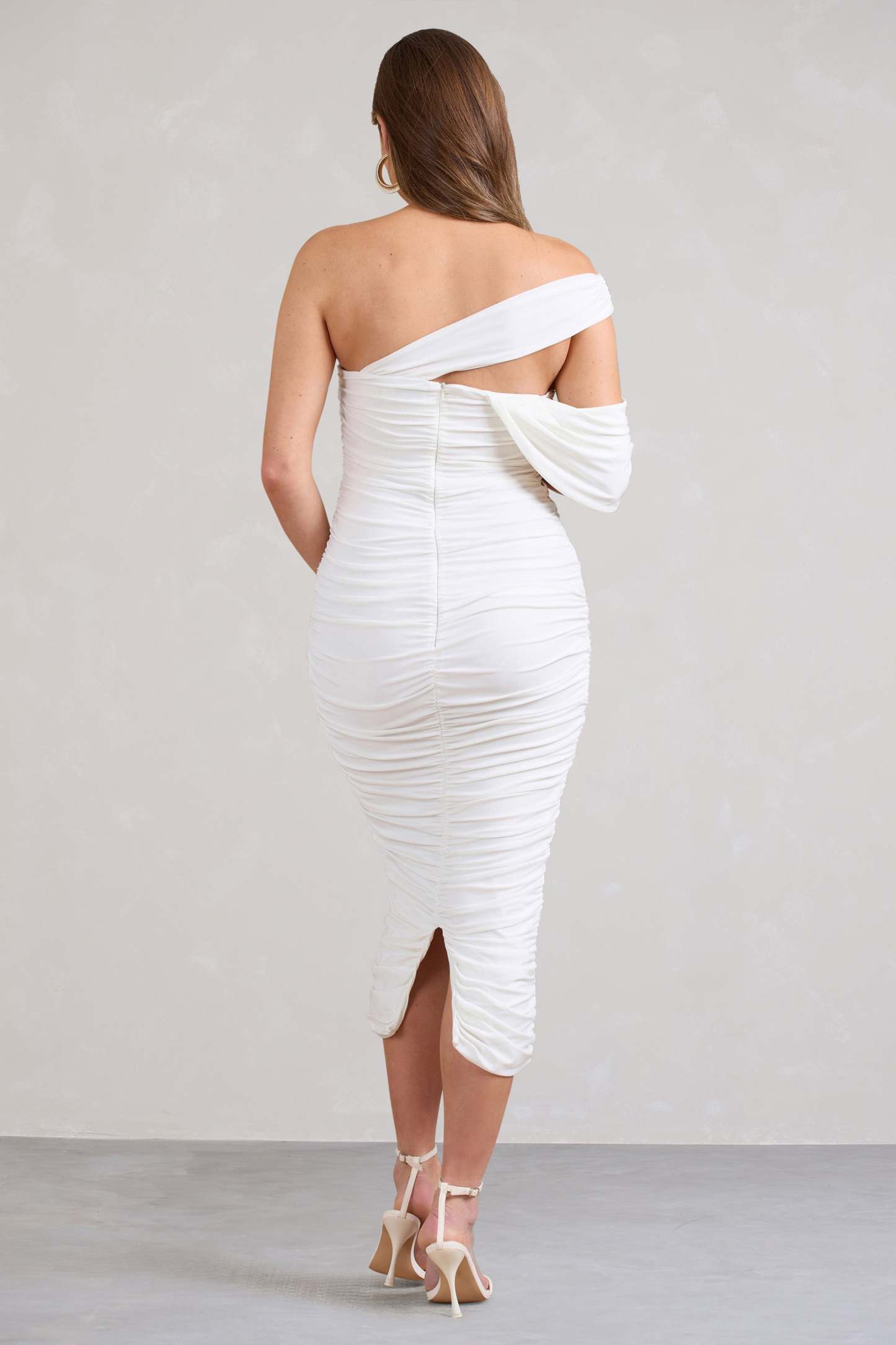 Cici White Asymmetric Ruched Maternity Midi Dress-Babyboo Dress Store. All Rights Reserved.