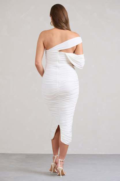 Cici White Asymmetric Ruched Maternity Midi Dress-Babyboo Dress Store. All Rights Reserved.