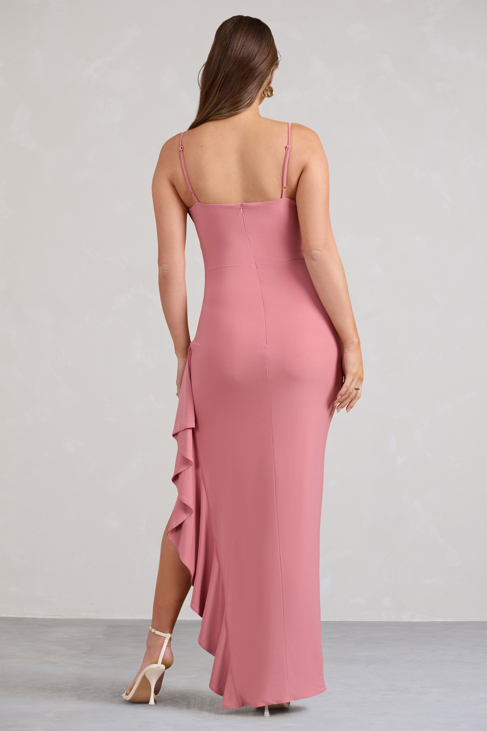 Cut Stem Pink Cami Maternity Maxi Dress With Ruffled Split-Babyboo Dress Store. All Rights Reserved.