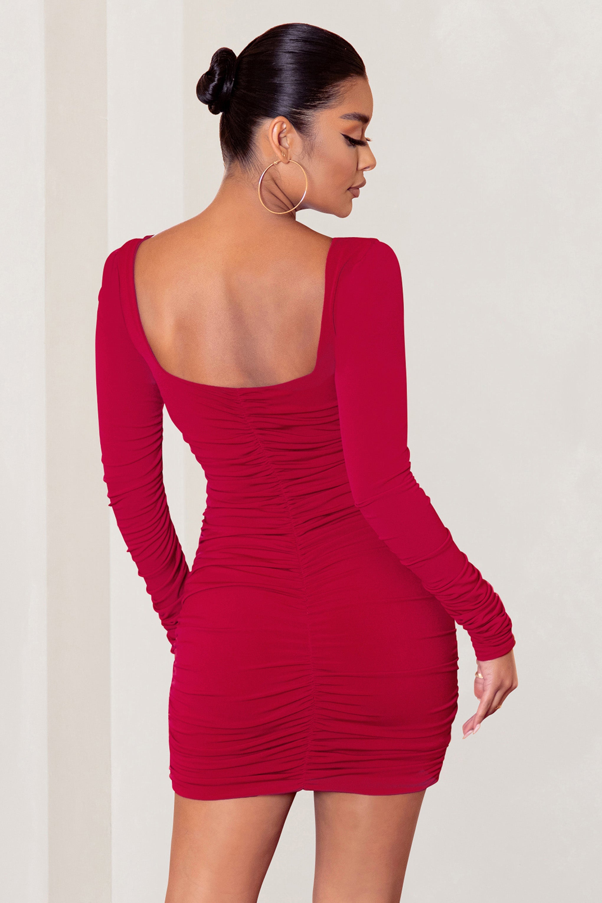 Muse Red Long Sleeve Square Neck Ruched Mini Dress-Babyboo Dress Store. All Rights Reserved.