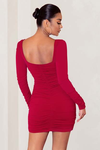 Muse Red Long Sleeve Square Neck Ruched Mini Dress-Babyboo Dress Store. All Rights Reserved.