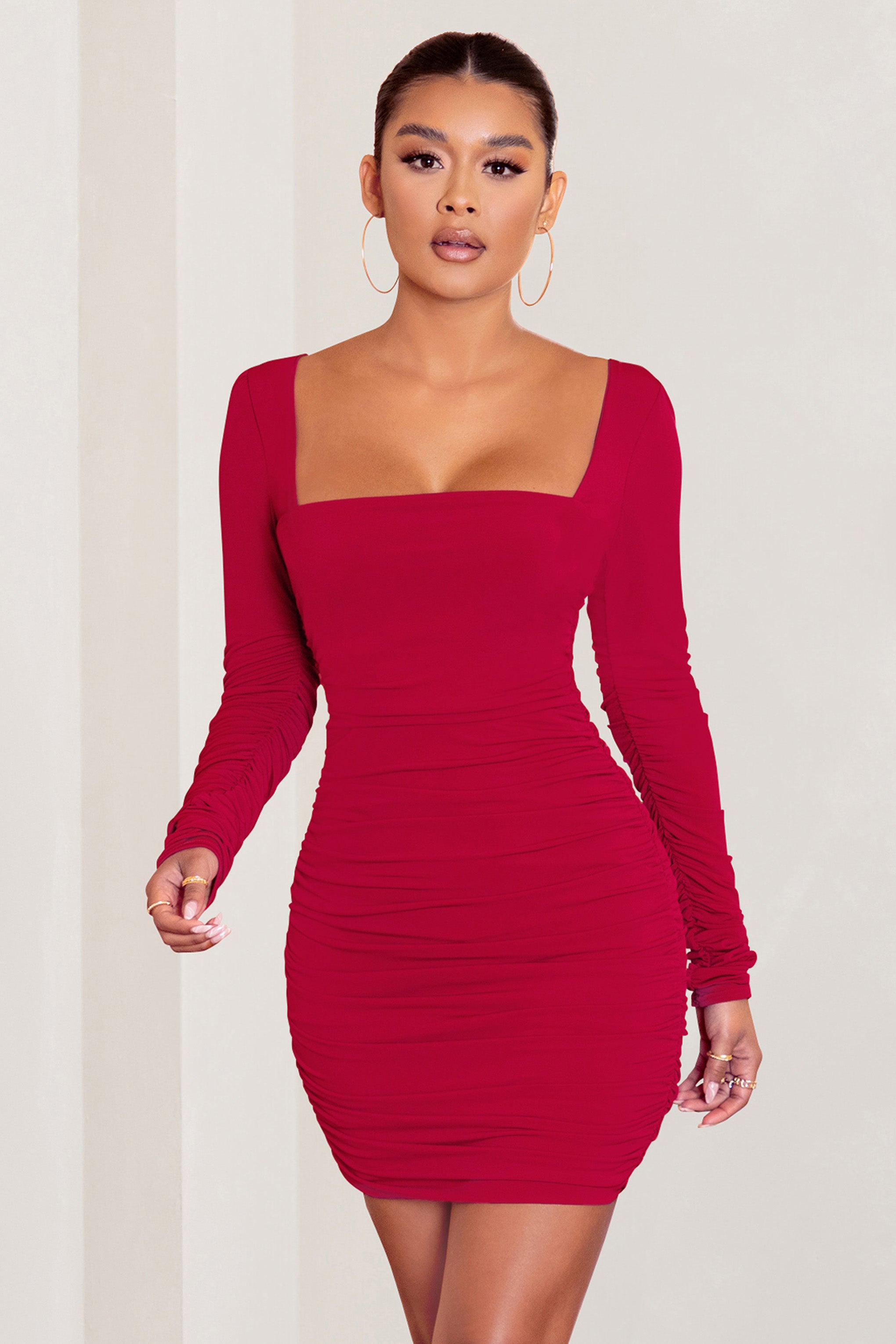 Muse Red Long Sleeve Square Neck Ruched Mini Dress-Babyboo Dress Store. All Rights Reserved.