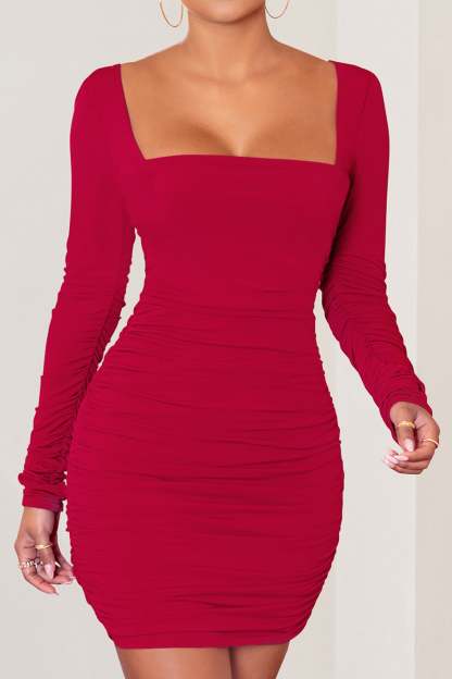 Muse Red Long Sleeve Square Neck Ruched Mini Dress-Babyboo Dress Store. All Rights Reserved.