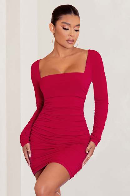 Muse Red Long Sleeve Square Neck Ruched Mini Dress-Babyboo Dress Store. All Rights Reserved.