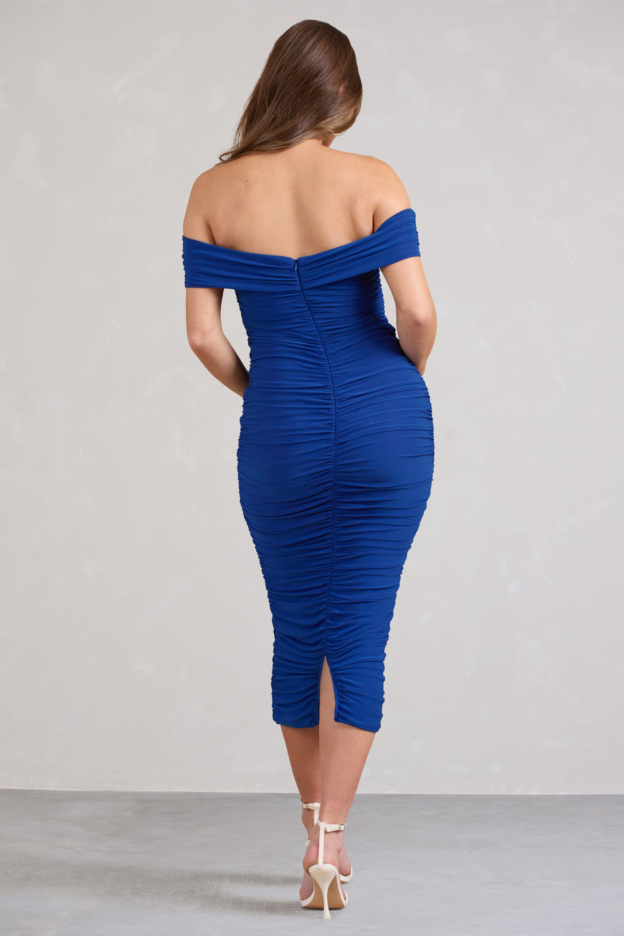 Perfection Cobalt Blue Off Shoulder Ruched Maternity Midi Dress-Babyboo Dress Store. All Rights Reserved.