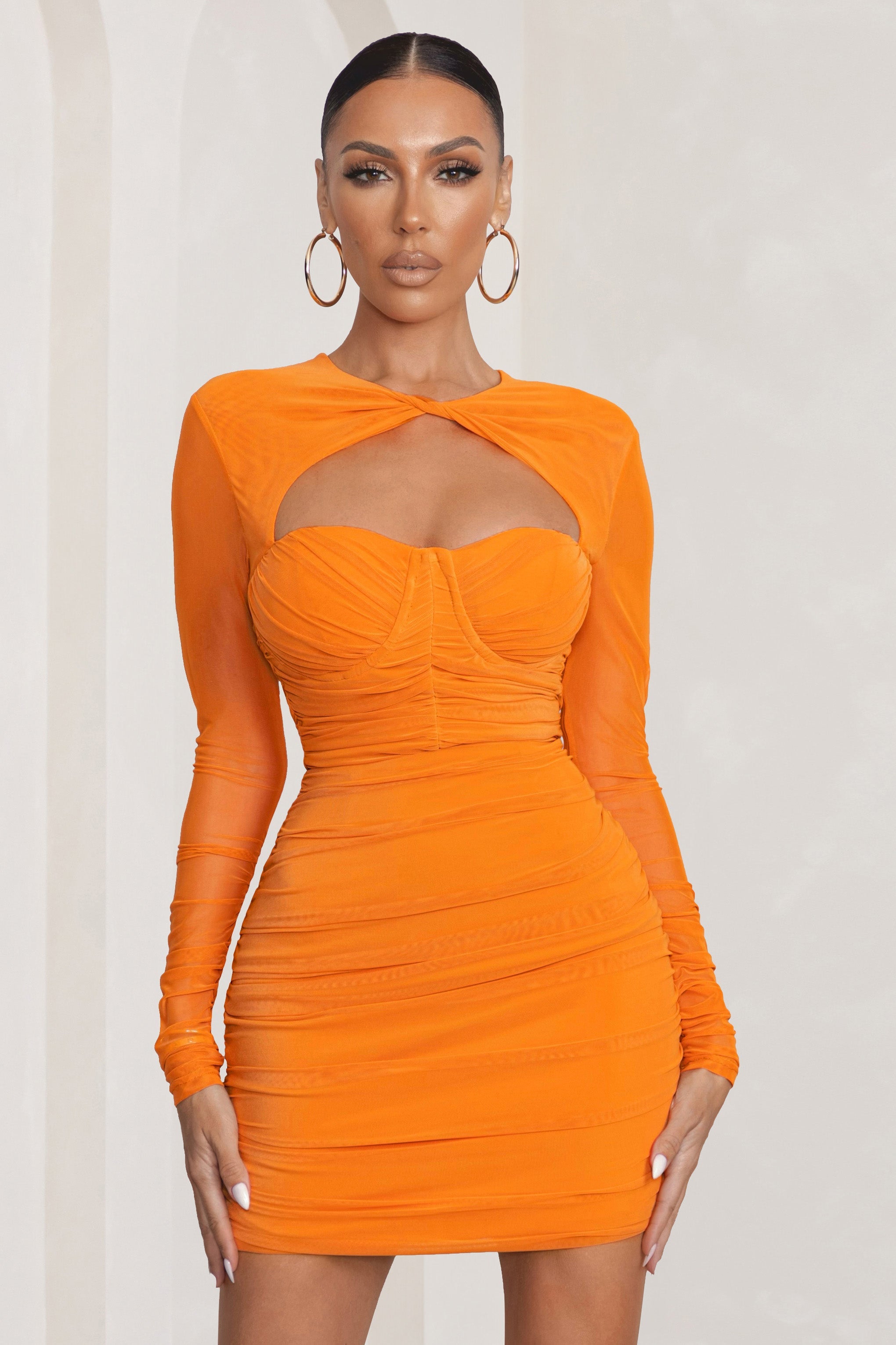 Daiquiri Orange Cut Out Ruched Mesh Mini Dress With Long Sleeves-Babyboo Dress Store. All Rights Reserved.