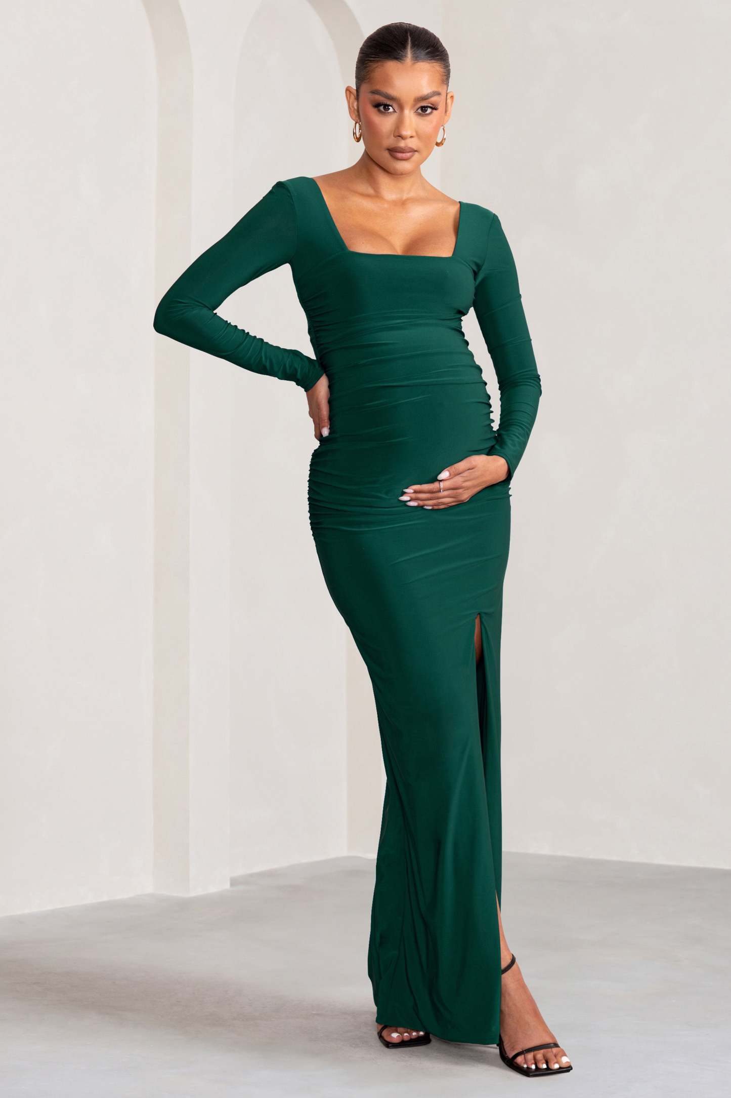 My Pleasure Bottle Green Long Sleeve Square Neck Maternity Maxi Dress with Split-Babyboo Dress Store. All Rights Reserved.