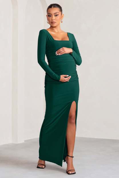 My Pleasure Bottle Green Long Sleeve Square Neck Maternity Maxi Dress with Split-Babyboo Dress Store. All Rights Reserved.