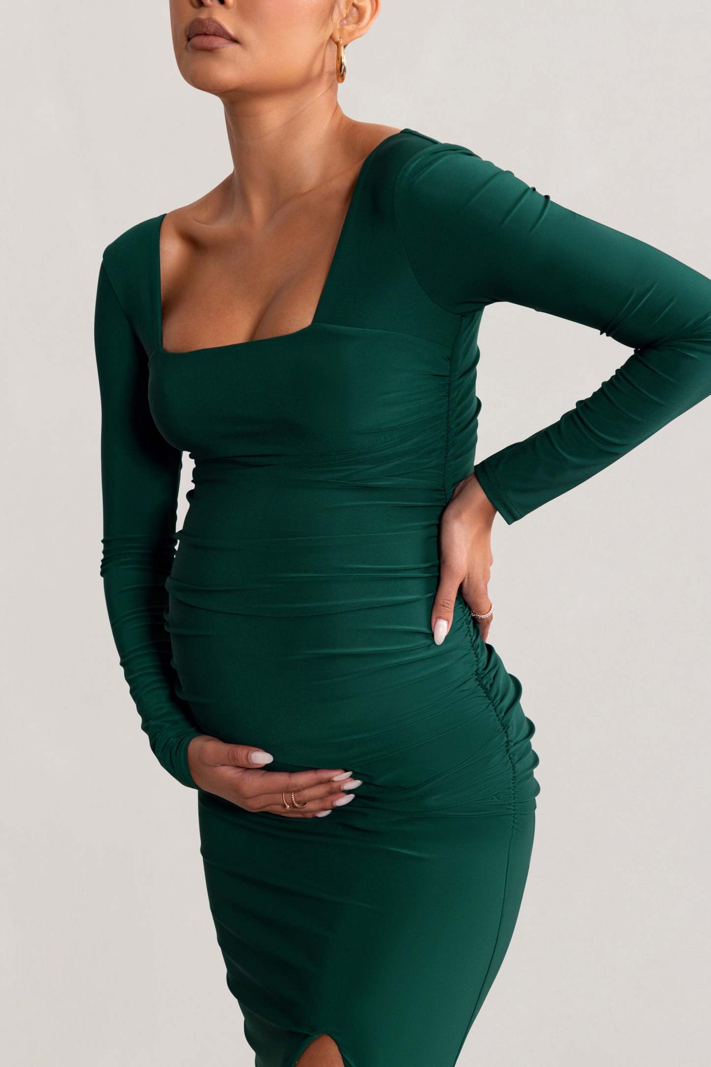 My Pleasure Bottle Green Long Sleeve Square Neck Maternity Maxi Dress with Split-Babyboo Dress Store. All Rights Reserved.