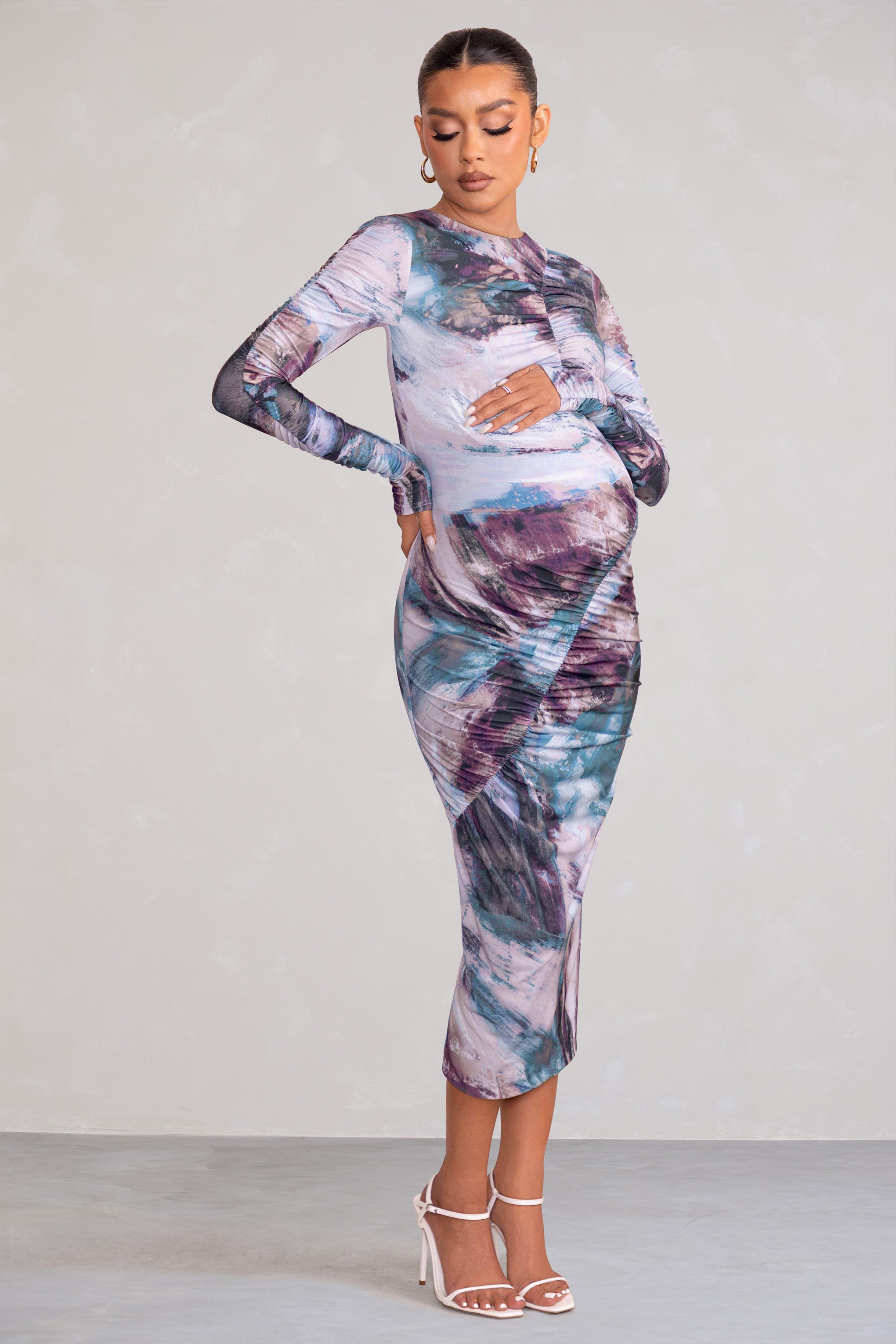 Cait Multi Print Bodycon Maternity Midi Dress-Babyboo Dress Store. All Rights Reserved.
