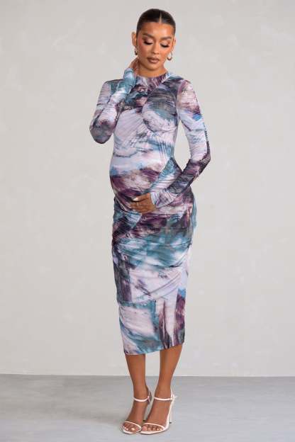Cait Multi Print Bodycon Maternity Midi Dress-Babyboo Dress Store. All Rights Reserved.