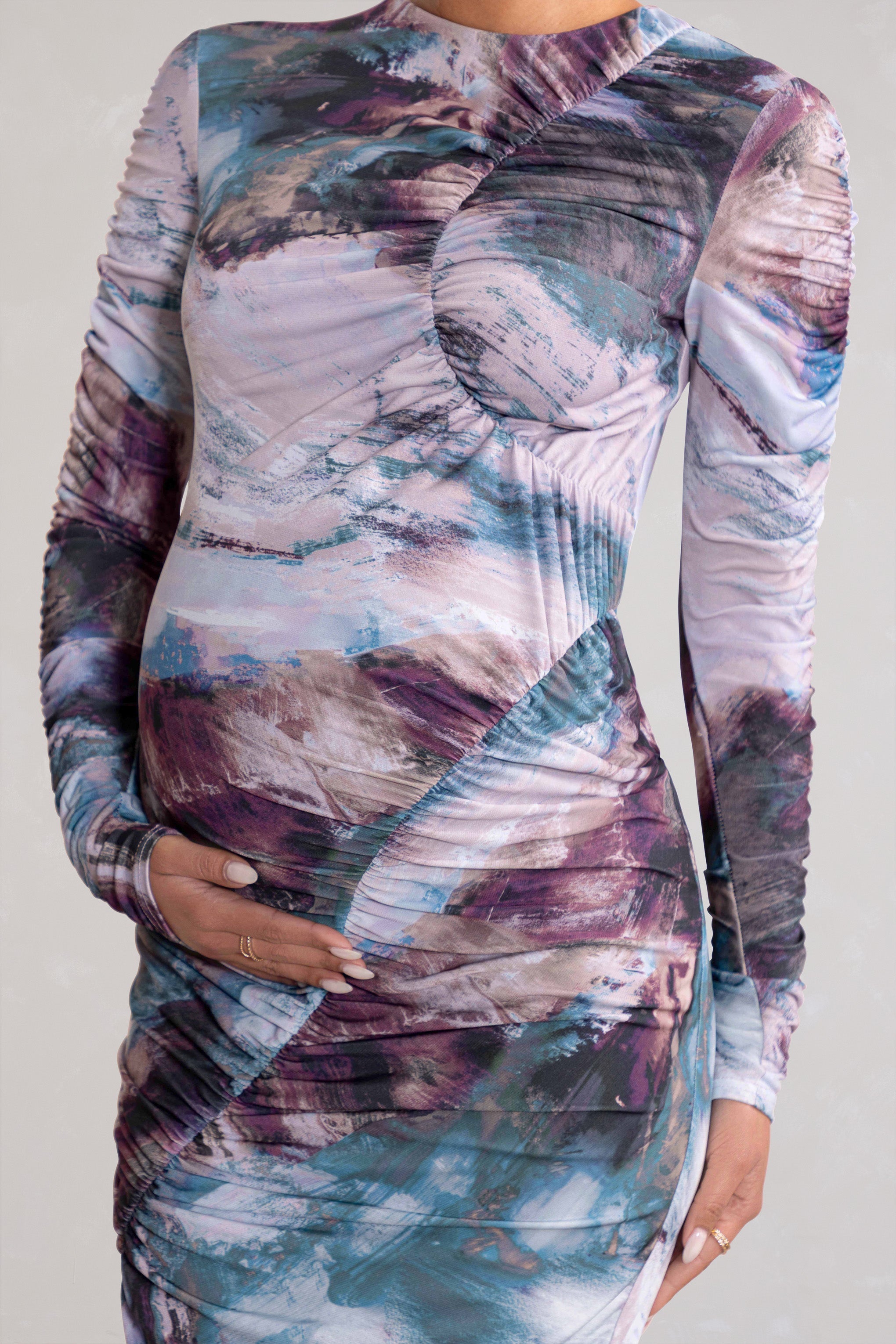 Cait Multi Print Bodycon Maternity Midi Dress-Babyboo Dress Store. All Rights Reserved.